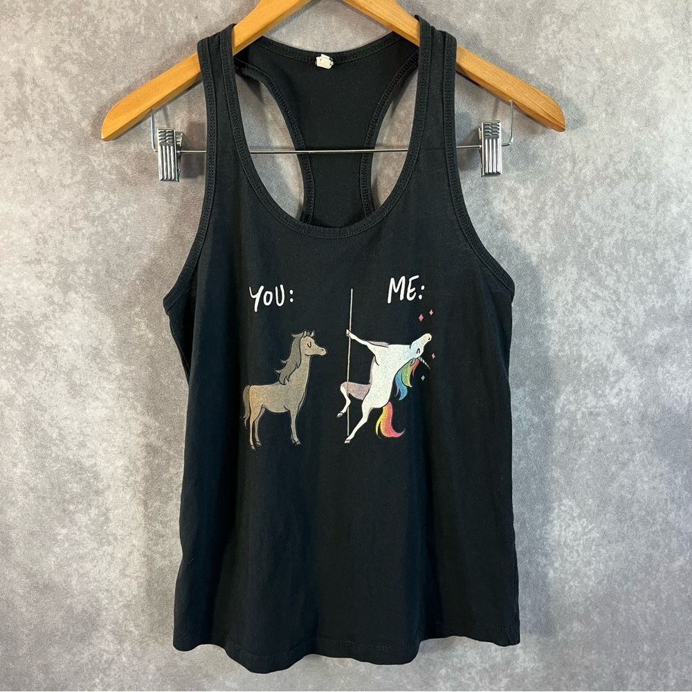 Unicorn Tank Top Women Small S Black You Me Shirt Color Graphic Print Tee Funny